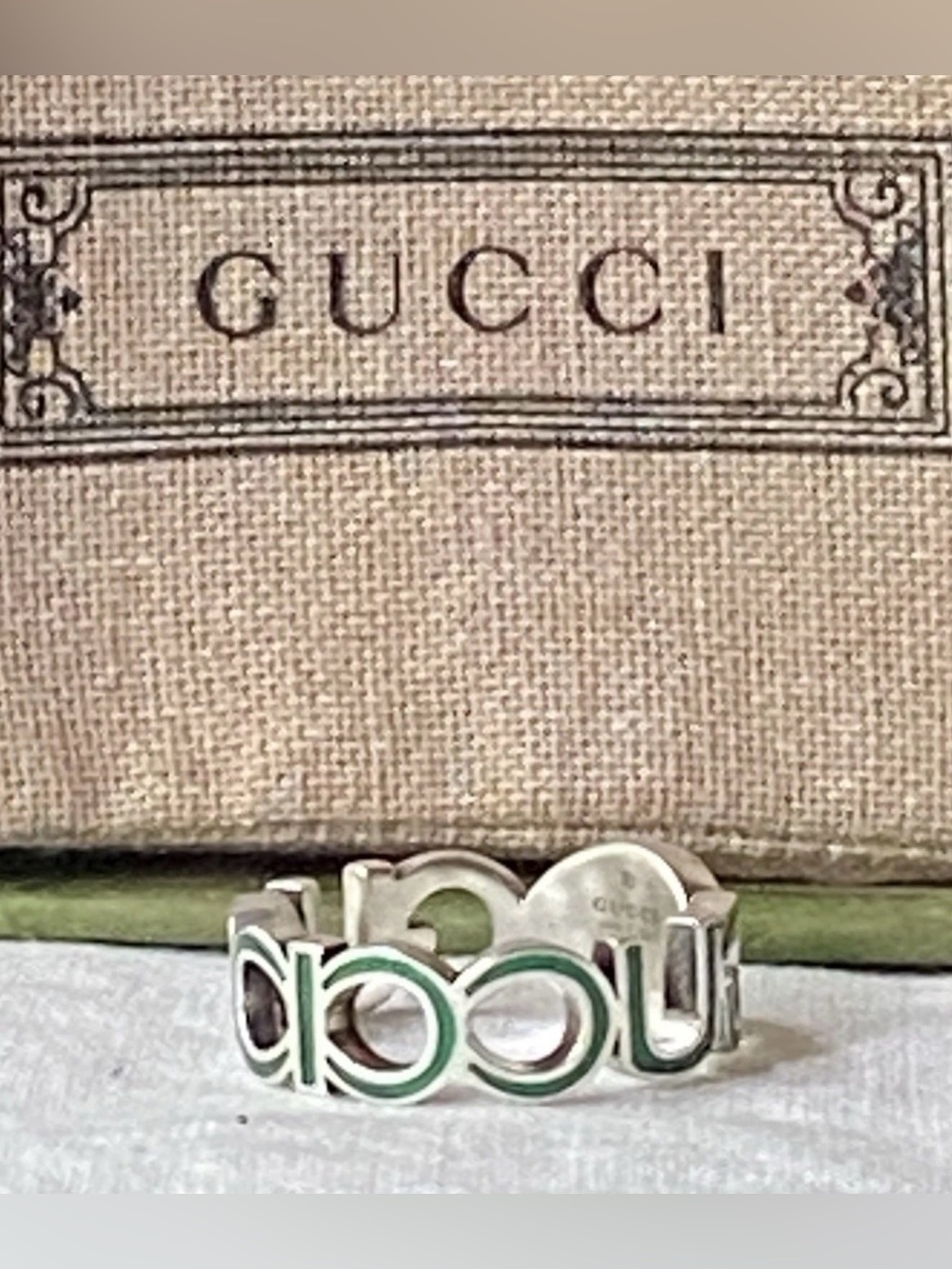 Gucci Interlocking Sterling Silver Green Enamel 9mm Ring It Sz 19 US 8.75  $360 - Picture 2 of 13